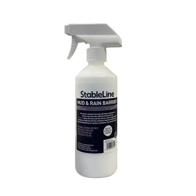 White plastic spray bottle with gray trigger and black label stableline mud rain barrier water resistant formula