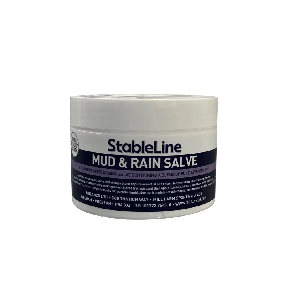 White cylindrical jar of stableline mud and rain salve with dark blue and purple label for soothing moisturising salve