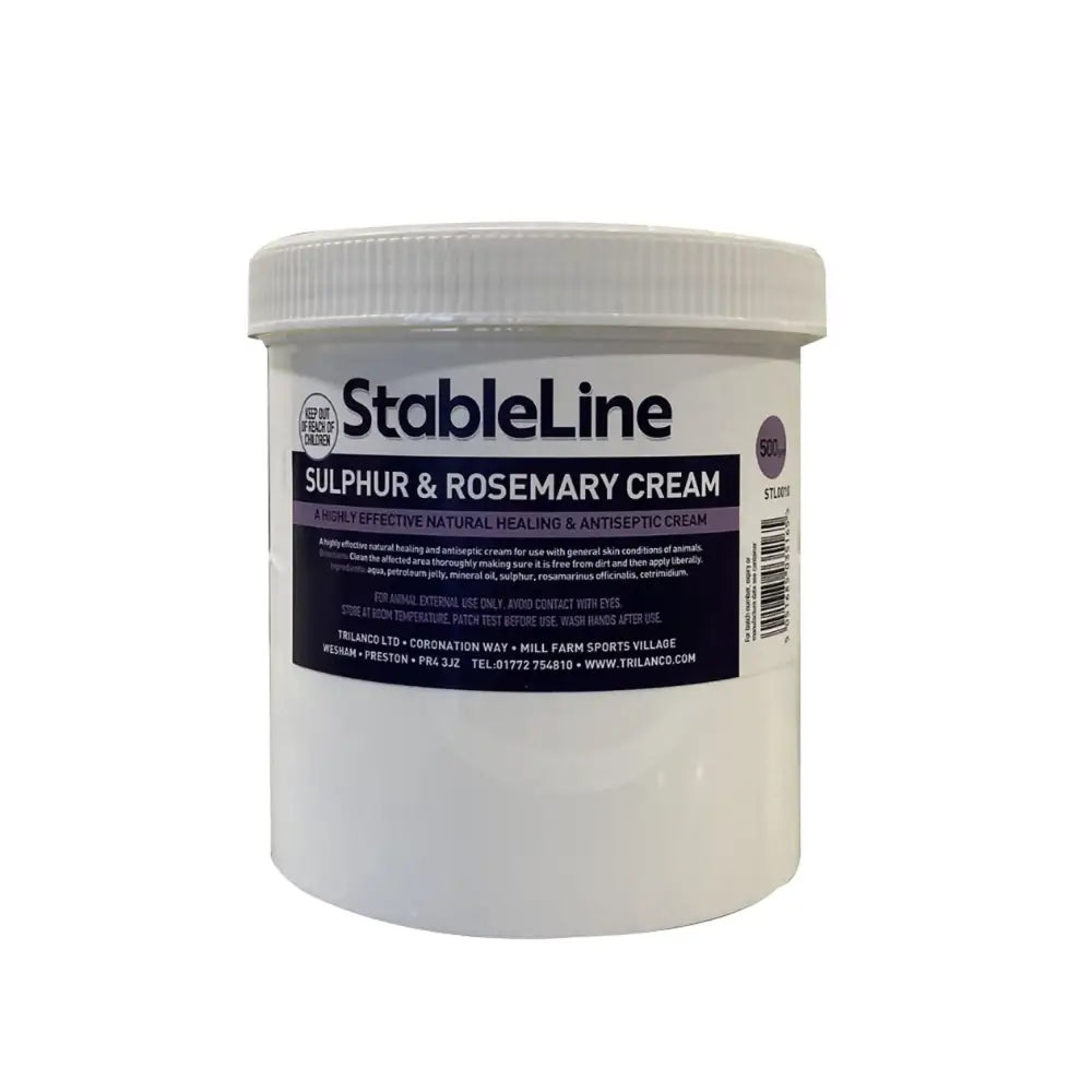 White plastic tub of stableline sulphur and rosemary cream with white lid and dark blue label for skin care