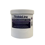 White plastic tub of stableline sulphur and rosemary cream with white lid and dark blue label for skin care
