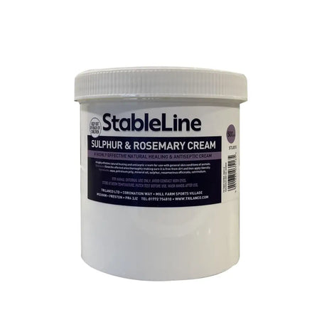 White plastic tub of stableline sulphur and rosemary cream with white lid and dark blue label for skin care