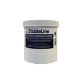 White plastic tub of stableline sulphur and rosemary cream with white lid and dark blue label for skin care