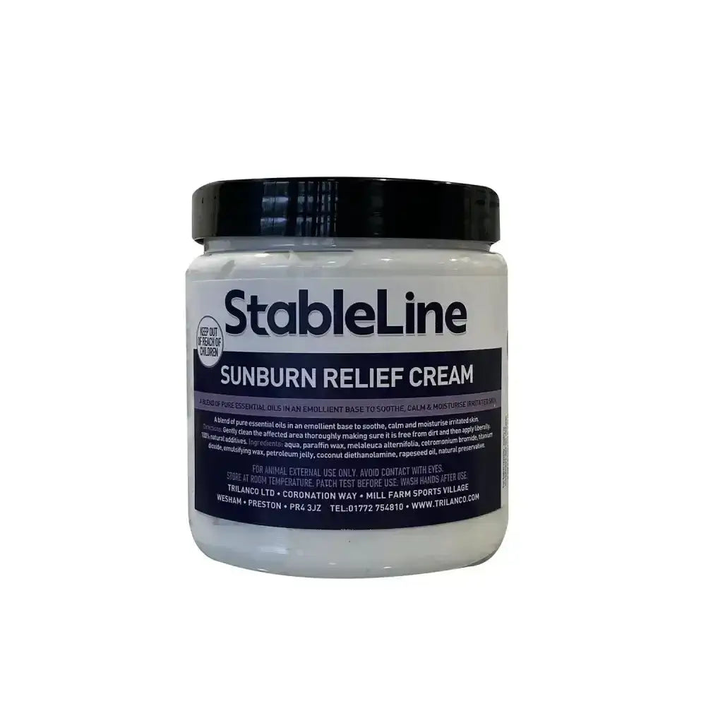 Stableline sunburn relief cream in a white jar with black lid to moisturise irritated skin and soothe sunburns