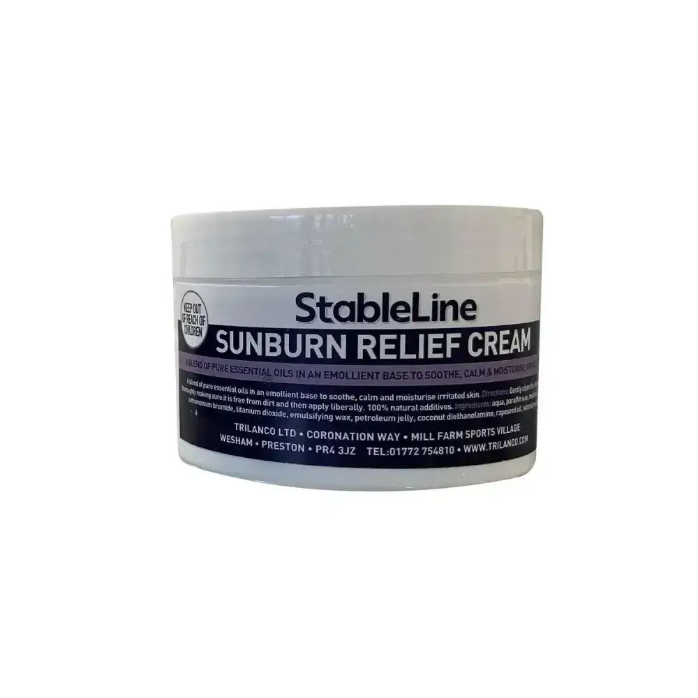 White plastic jar of stableline sunburn relief cream with black and white label to moisturise irritated skin
