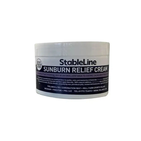 White plastic jar of stableline sunburn relief cream with black and white label to moisturise irritated skin