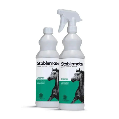 White plastic spray bottles of stablemate cleanse with green labels and black white horse for highly efficient multipurpose cleaner
