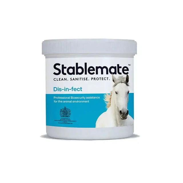White plastic container of stablemate dis-in-fect tablets defra-approved effervescent tablets for animal biosecurity