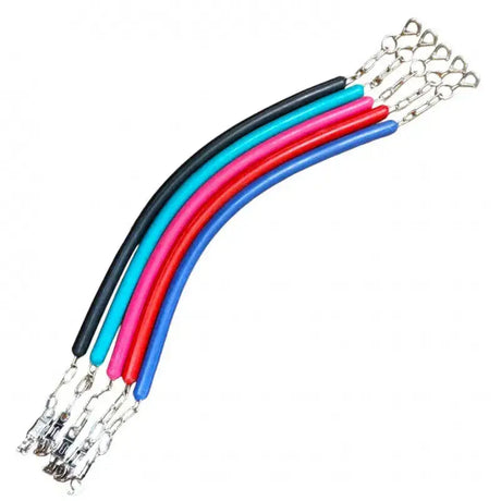 Five colorful rubber stall guards with quick release clips and silver metal panic snap chains for easy use