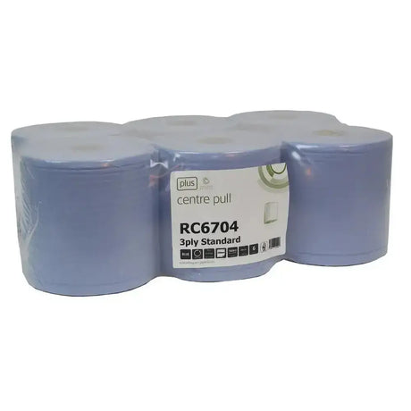 Light blue 3-ply paper towels in a six-pack center pull package standard c pullrolls 3-ply blue for cleaning