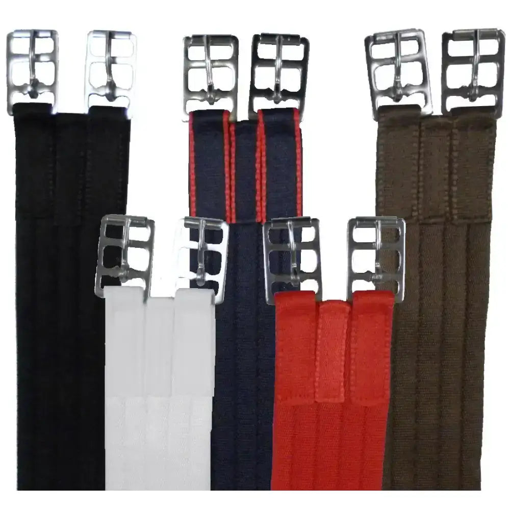 Standard webbing girth in black white navy red and brown soft bridle webbing with heavy duty silver buckles