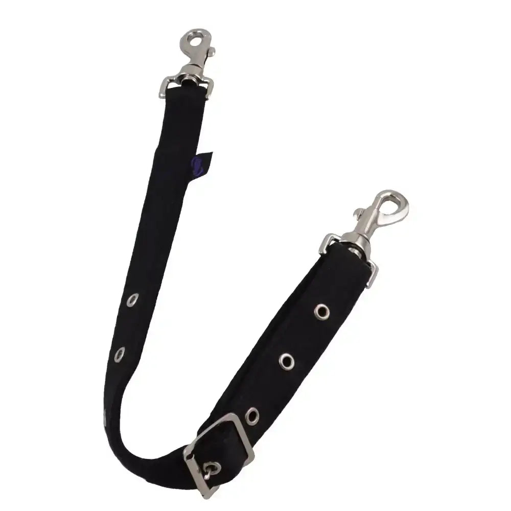 Black fabric standing martingale leash extender with silver metal hardware and adjustable buckle for equestrian horses
