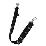 Black fabric standing martingale leash extender with silver metal hardware and adjustable buckle for equestrian horses