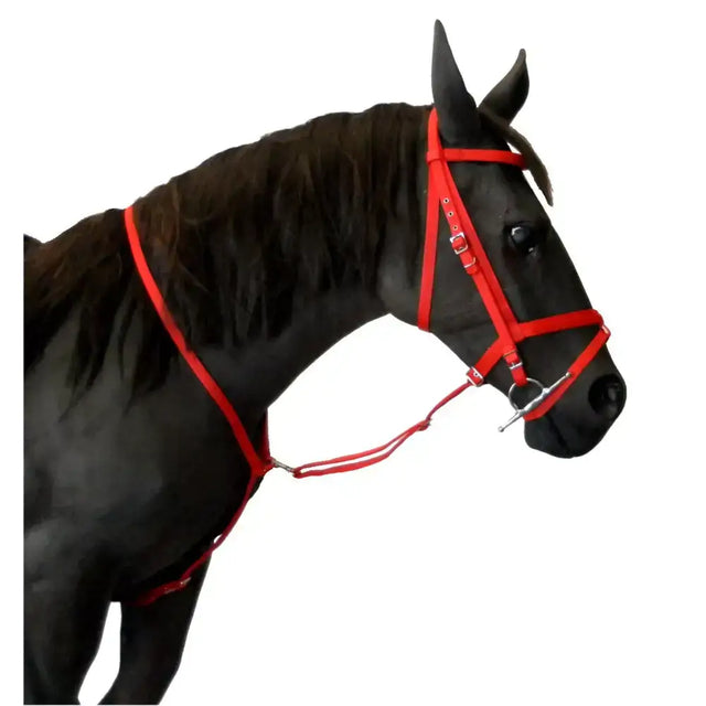 Red leather standing martingale with silver metal hardware for equestrian horses control and comfort