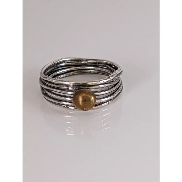 Steed silver wired multi-strand band with textured finish and central brass ball accent in silver and gold tones