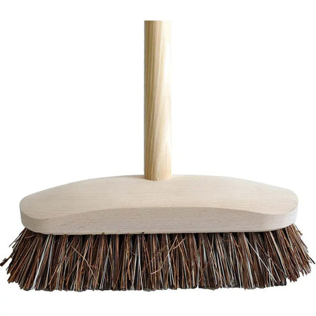 A stiff deck scrub with handle finest stiff dense brown bristles and a 237mm deck scrub wooden handle