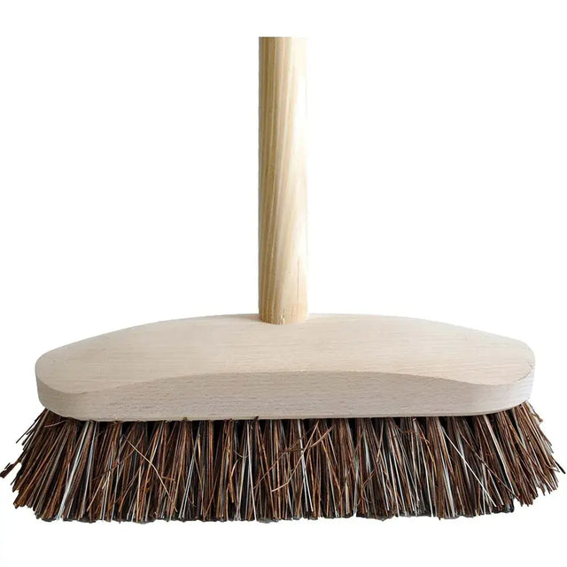 A stiff deck scrub with handle finest stiff dense brown bristles and a 237mm deck scrub wooden handle