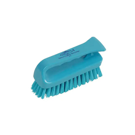 Turquoise stiff grippy scrub brush 152mm plastic with molded handle and salmon hygiene technology logo