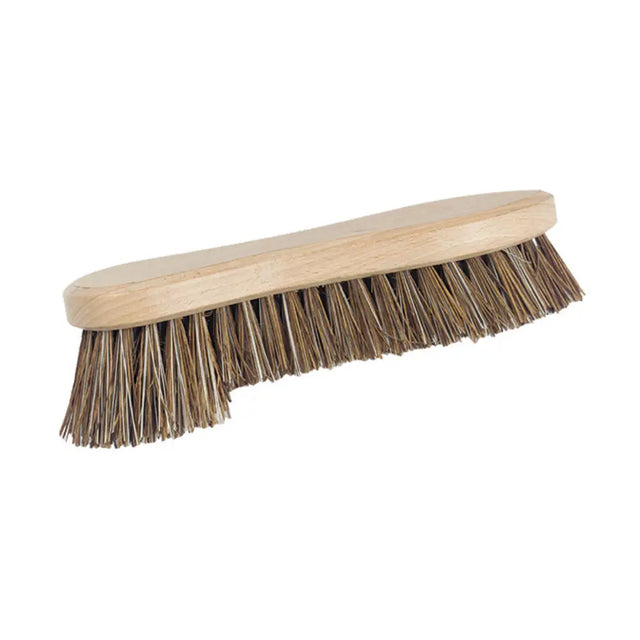 A sturdy wooden-handled stiff 219mm scrubbing brush with dense natural brown bristles for tough cleaning tasks