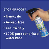 Stormproof water repellent spray 500ml bottle with black trigger nozzle and blue label to fight nauseating chemical smell