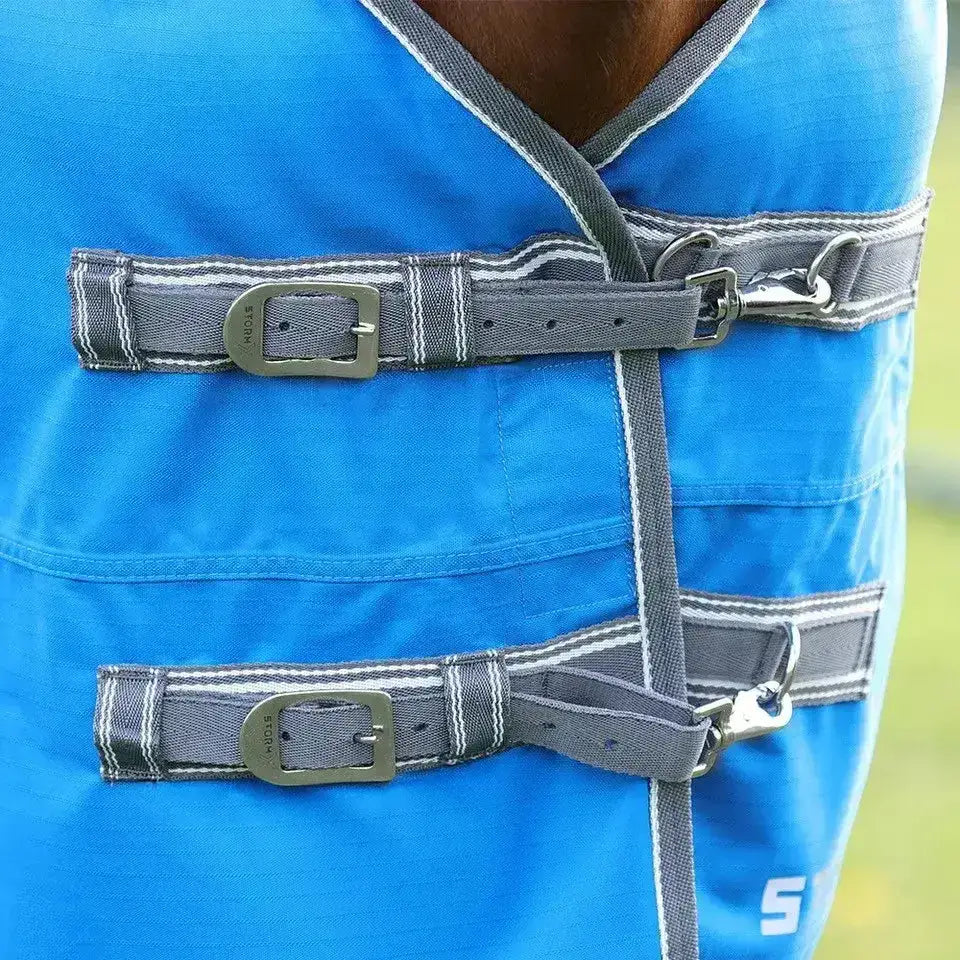 Blue stormx empra 0g turnout rug with gray straps and silver buckles designed for horse comfort and protection