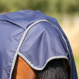 Blue StormX Empra combi turnout rug covering equine’s head and neck with gray trim