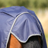 Blue StormX Empra Turnout Rug with gray trim for horse neck and back coverage