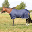 Navy blue stormx empra turnout rug with gray trim and black buckles for equestrian use