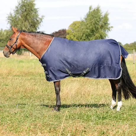 Navy blue stormx empra turnout rug with gray trim and black buckles for equestrian use