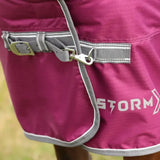 Magenta stormx empra 200 combi turnout rug with gray trim and silver buckle for horse protection in storms