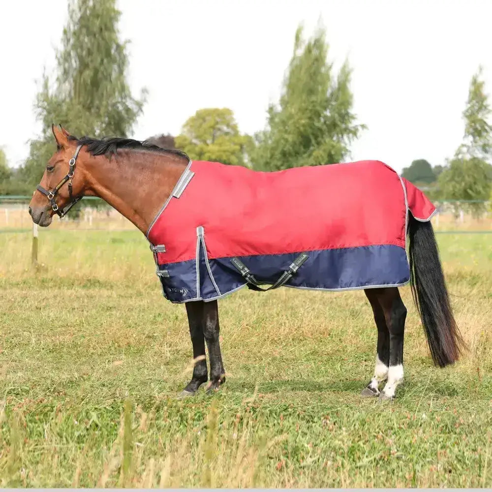 Red and navy blue stormx empra 200 turnout rug with reflective trim and detachable neck for all weather use