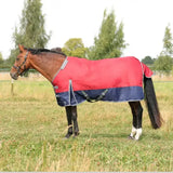 Red and navy blue stormx empra 200 turnout rug with reflective trim and detachable neck for all weather use