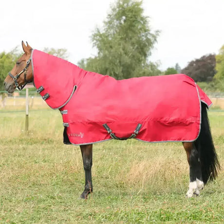 Bright red stormx empra 300 combi turnout rug with gray trim and black buckles for stormx combi turnout use