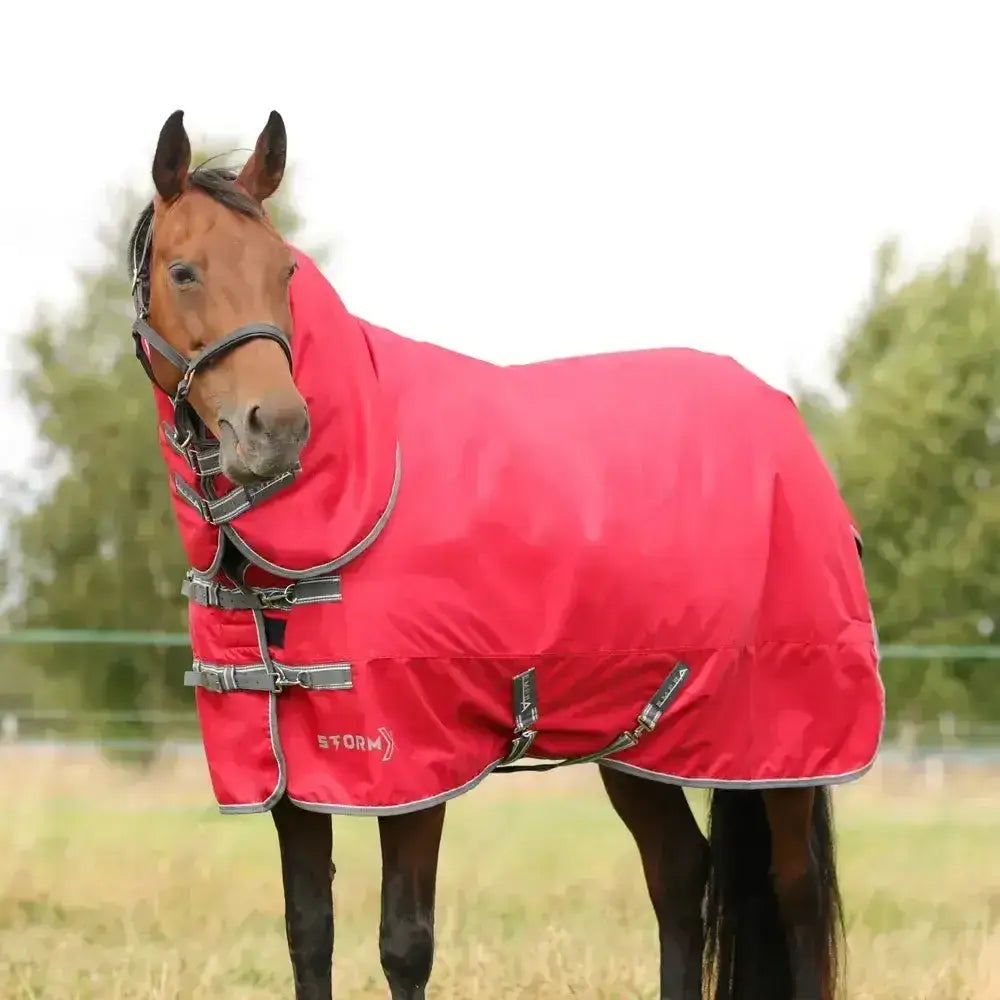 Red stormx empra combi turnout rug with gray trim and adjustable straps for all-weather horse protection