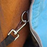 Silver metal buckle on gray woven strap securing brown leather harness on stormx empra 50 turnout rug equestrian gear