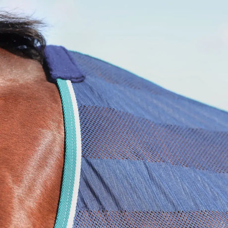 Horse in a blue mesh fly mask with teal trim for StormX Empra Air Motion Cooler Rug