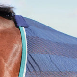 Blue mesh horse fly mask with teal and white trim from stormx empra air motion cooler rug collection