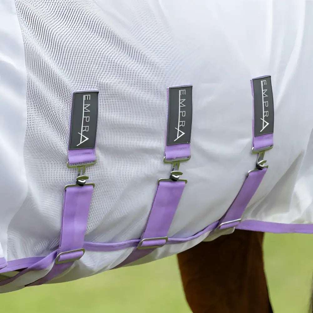 Purple strap with silver metal hardware and black empra brand tags on stormx empra gladiator uv combi fly rug