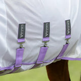 Purple strap with silver metal hardware and black empra brand tags on stormx empra gladiator uv combi fly rug