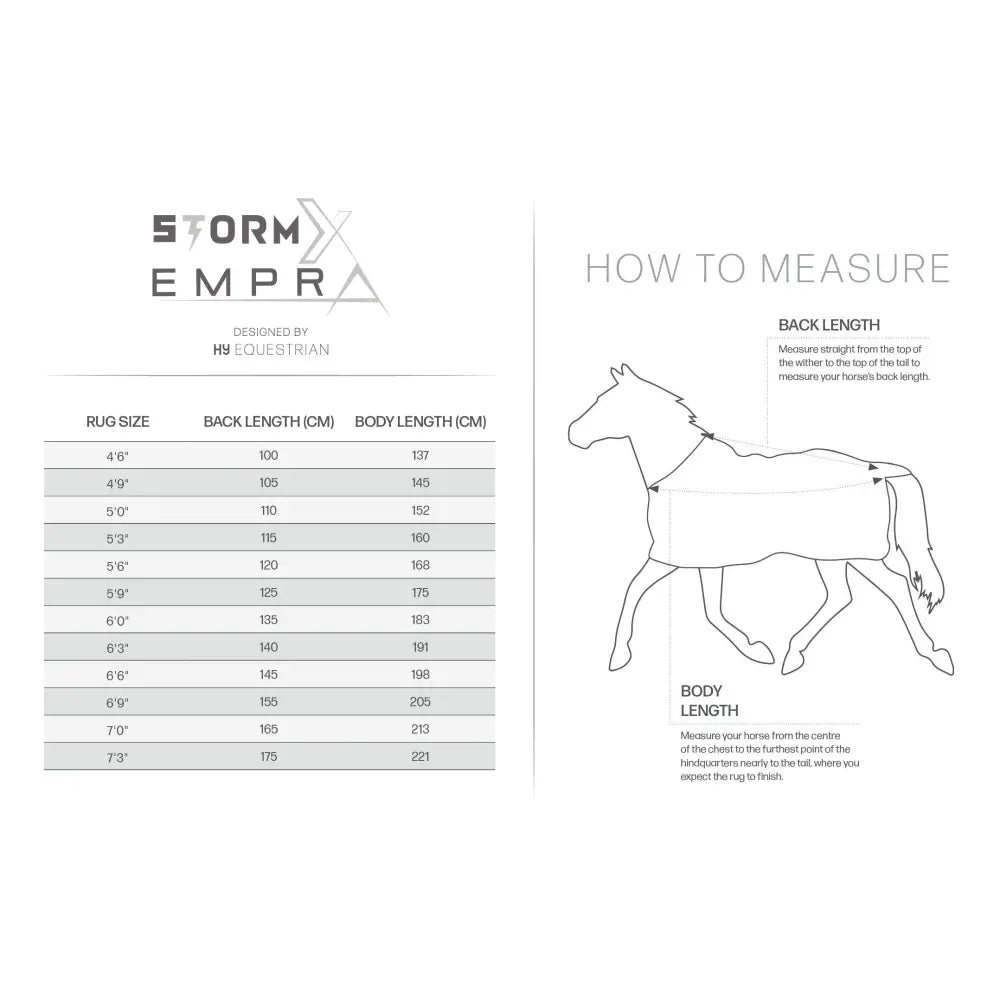 Stormx empra gladiator uv combi fly rug size chart with twin adjustable buckle measurement guide and sizing table