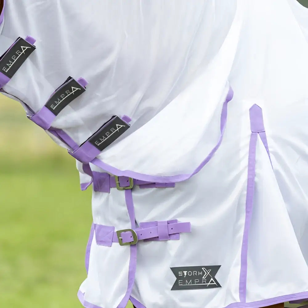 White mesh stormx empra gladiator uv combi horse fly mask with purple trim and twin adjustable buckle straps