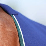 Blue stormx empra opulence fleece rug showing green and white striped collar trim on soft opulence fleece material