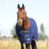 Navy blue stormx empra opulence fleece rug with green buckles white trim and storm rides logo on front