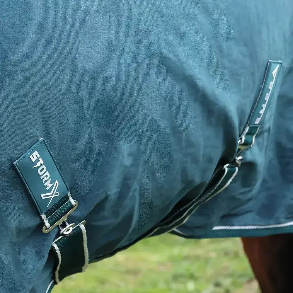 Dark teal stormx empra pima cotton sheet with black straps and white stitching for horse protection