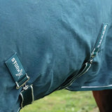 Dark teal stormx empra pima cotton sheet with black straps and white stitching for horse protection