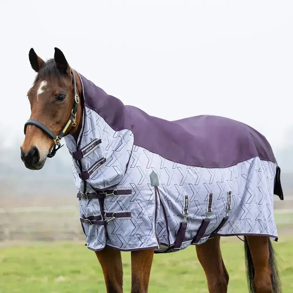 Purple and light gray geometric stormx empra quagga shield waterproof fly rug designed for horse protection