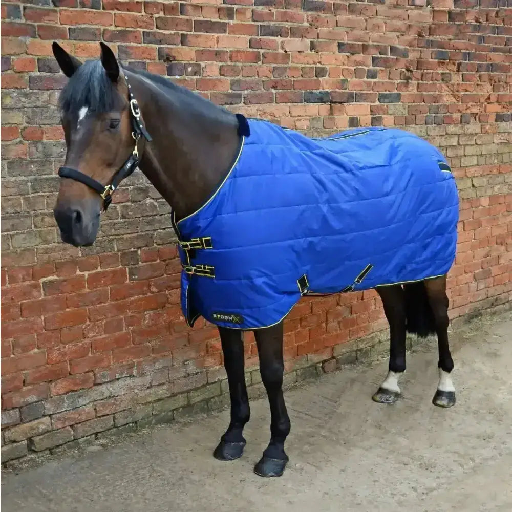 Bright blue quilted stormx original stable rug with black and yellow trim and stormx logo perfect horse’s pyjamas