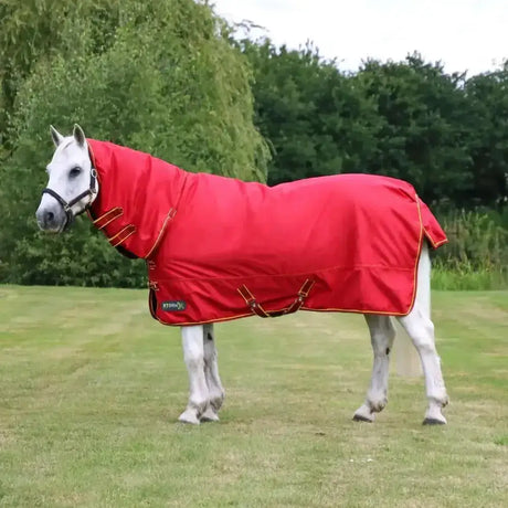 Bright red stormx original 200g mediumweight combi turnout rug with gold trim and straps for warmth and protection