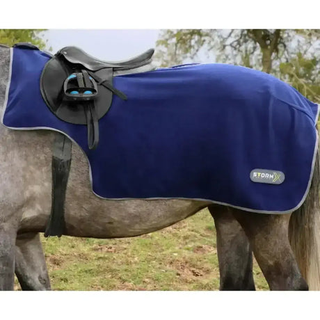 Royal blue stormx original fleece exercise sheet with gray trim and saddle on top soft fleece exercise horse blanket