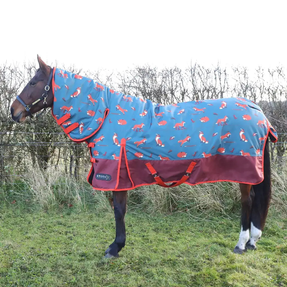 Horse in StormX Original Frivolous Fox Combi Turnout Rug with flamingo designs