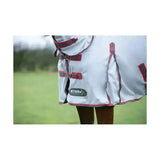 Gray stormx original protect neck fly rug with red black trim adjustable straps and reflective logo patch